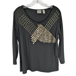 Chico's Size 2 (US Large 12/14) Black Top Gold Sequin Geometric Art Deco top EUC